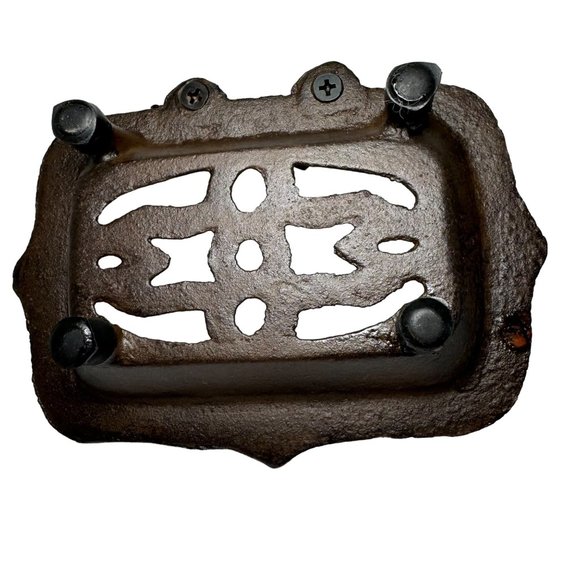 Vtg Cast Iron Soap Dish Holder Fleur De Lis Heavy Solid Rubber Feet Farm House - Picture 8 of 11